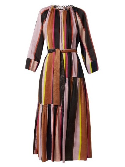 APIECE APART Stella striped linen and silk-blend midi dress ~ stripe print dresses - flipped