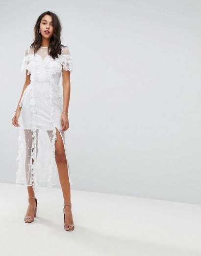 Stevie May Embroidered Floral Lace Midi Dress – white semi sheer party dresses - flipped