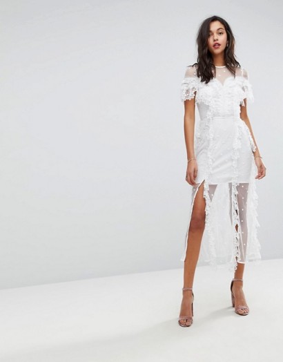 Stevie May Embroidered Floral Lace Midi Dress – white semi sheer party dresses