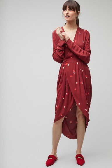 Selected Femme Syrah Print Wrap Dress in red / asymmetric hem dresses - flipped