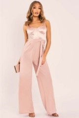 IN THE STYLE TAISIE NUDE SATIN CUPPED CONTRAST BELTED PALAZZO JUMPSUIT ~ slinky pink jumpsuits