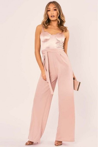 IN THE STYLE TAISIE NUDE SATIN CUPPED CONTRAST BELTED PALAZZO JUMPSUIT ~ slinky pink jumpsuits - flipped