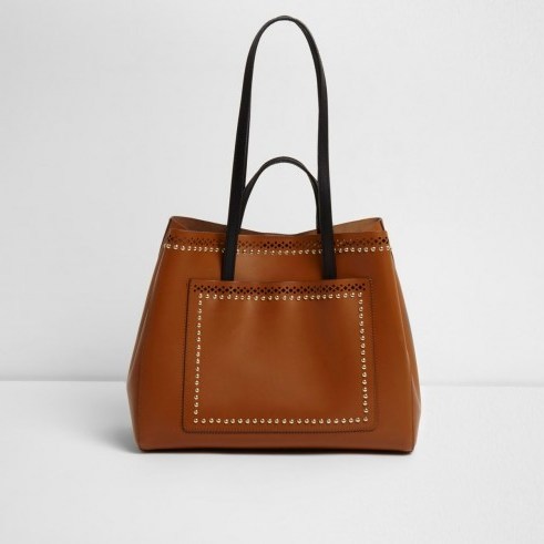 River Island Tan leather studded laser cut tote bag | brown stud embellished bags - flipped