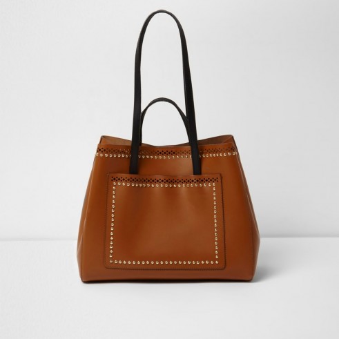 River Island Tan leather studded laser cut tote bag | brown stud embellished bags