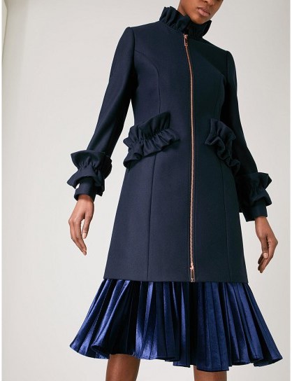 TED BAKER Blaykly ruched wool-blend coat | stylish winter ruffles | navy-blue ruffled coats - flipped