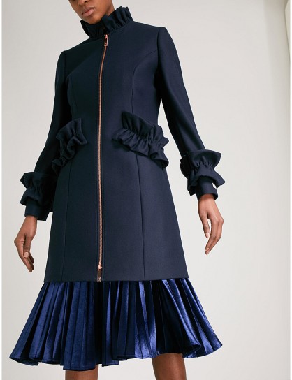 TED BAKER Blaykly ruched wool-blend coat | stylish winter ruffles | navy-blue ruffled coats