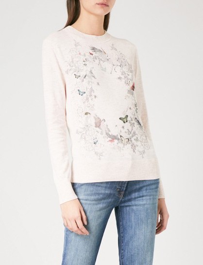 TED BAKER Risolo Enchanted Dream embellished cotton-blend jumper ~ pale pink printed jumpers - flipped