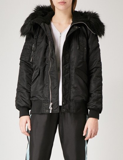 THE KOOPLES Faux-fur trimmed shell bomber jacket ~ casual luxe ~ black winter jackets - flipped