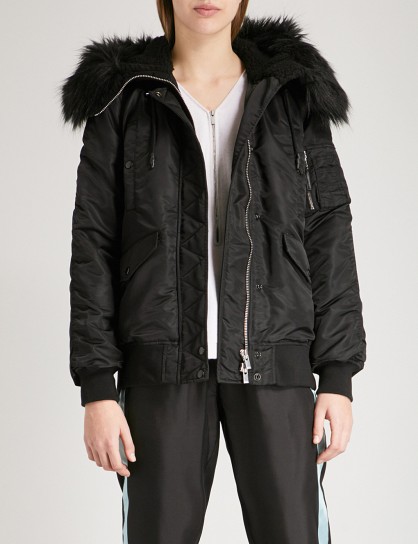 THE KOOPLES Faux-fur trimmed shell bomber jacket ~ casual luxe ~ black winter jackets
