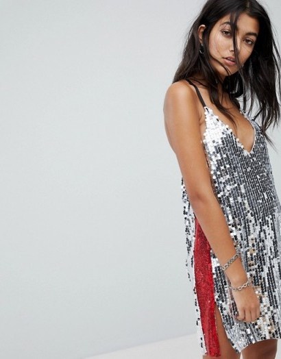 The Ragged Priest Sequin Dress – side split cami dresses – sparkly plunge front slip – silver party fashion - flipped