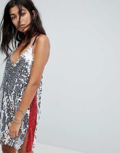 The Ragged Priest Sequin Dress – side split cami dresses – sparkly plunge front slip – silver party fashion