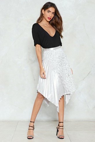 NASTY GAL The Unde-Pleated Champ Midi Skirt – silver pleated asymmetric skirts - flipped