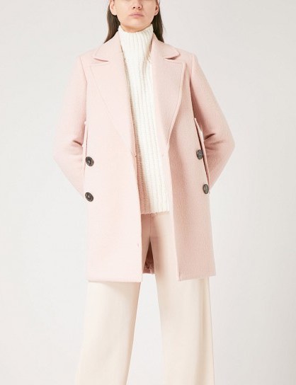 THEORY Double-breasted chalk-pink wool coat ~ luxe winter coats - flipped