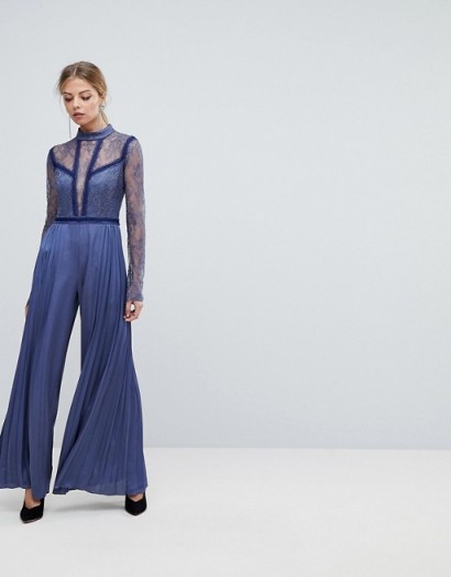 Three Floor Pleated Jumpsuit With Lace Sleeves | powder blue wide leg jumpsuits | party fashion