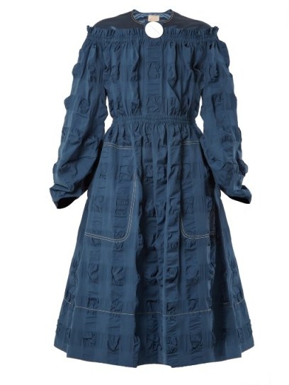 ROKSANDA Tora satin-yoke cotton-blend seersucker dress ~ blue smocked dresses - flipped