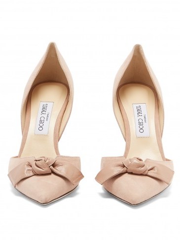 JIMMY CHOO Twinkle 85mm suede pumps ~ nude front bow courts ~ luxe court shoes - flipped