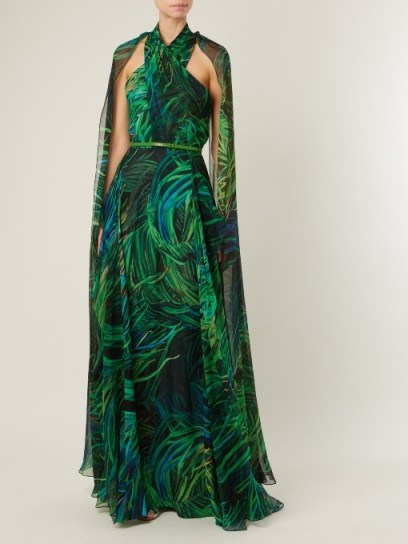ELIE SAAB Twisted-neck silk-georgette gown ~ open back, cape style gowns ~ long green event dresses - flipped