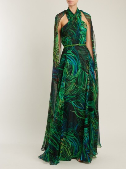 ELIE SAAB Twisted-neck silk-georgette gown ~ open back, cape style gowns ~ long green event dresses