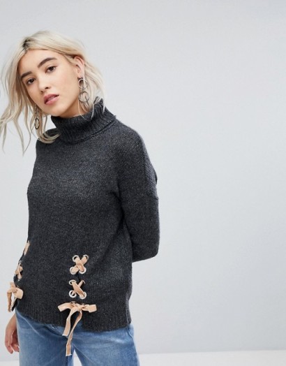 Urban Bliss Lace up Turtle Neck Jumper | dark grey sweaters