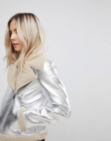 Vero Moda Petite High Shine Metallic Aviator Jacket – silver winter jackets – casual luxe