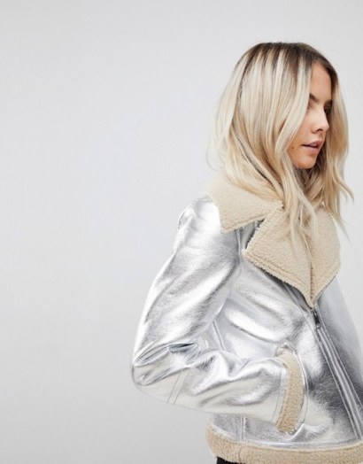 Vero Moda Petite High Shine Metallic Aviator Jacket – silver winter jackets – casual luxe - flipped