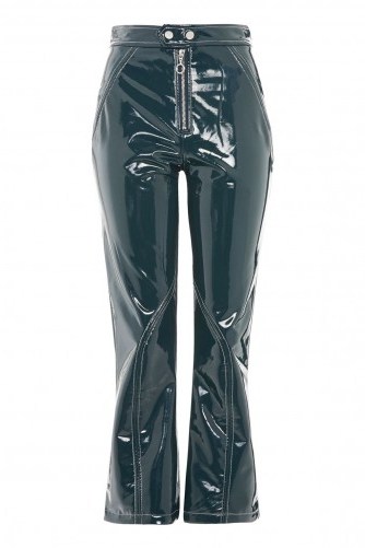 TOPSHOP Vinyl Kick Flare Trousers – bottle-green high shine pants – casual luxe - flipped