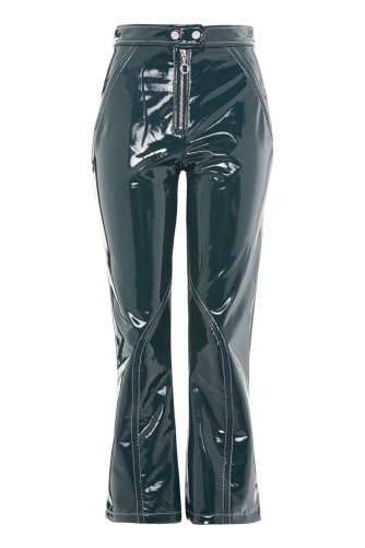 TOPSHOP Vinyl Kick Flare Trousers – bottle-green high shine pants – casual luxe