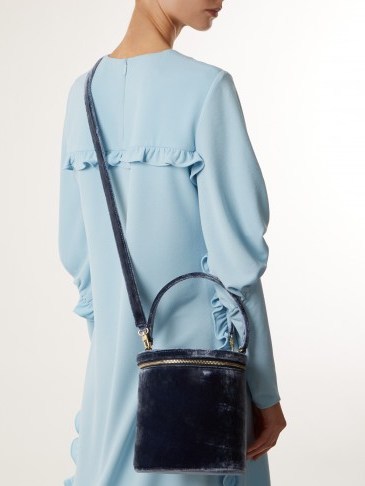 STAUD Vitti crushed-velvet bucket bag ~ blue luxury top handle bags - flipped