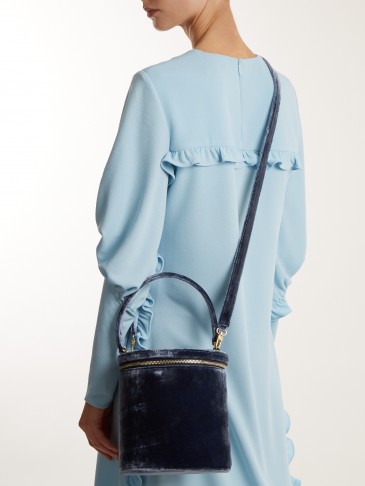 STAUD Vitti crushed-velvet bucket bag ~ blue luxury top handle bags