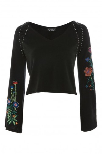 TOPSHOP V-Neck Stud and Embroidery Detailed Jumper / black floral embroidered wide sleeve jumpers - flipped