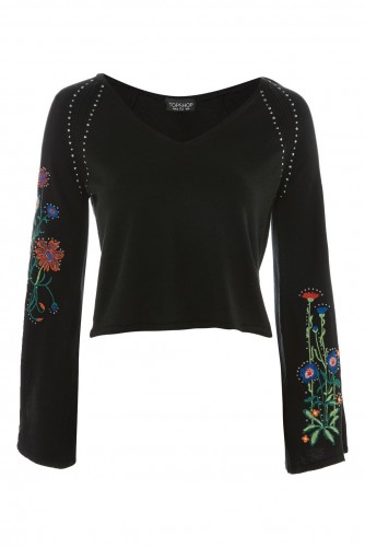 TOPSHOP V-Neck Stud and Embroidery Detailed Jumper / black floral embroidered wide sleeve jumpers