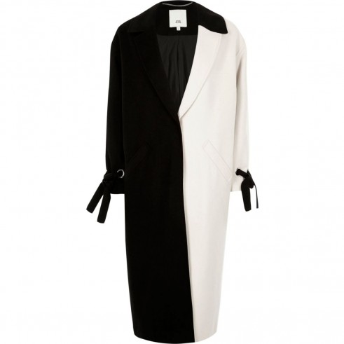 River Island White and black colour block tie cuff coat – monochrome winter coats