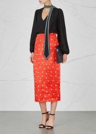 RIXOLONDON Zara printed satin pencil skirt – red midi skirts - flipped