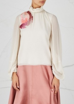 ROKSANDA Adera appliquéd wool blend top | high ruffle neck blouses - flipped