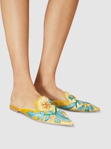 ALBERTA FERRETTI‎ Mia Floral Embroidered Velvet Mules ~ yellow-gold luxe flats - flipped