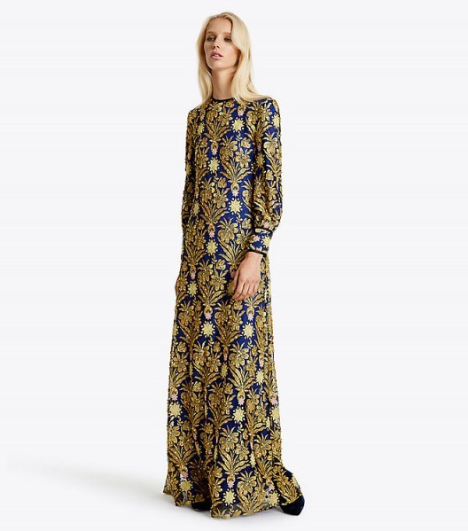 TORY BURCH ALICE DRESS ~ long luxe embroidered dresses ~ gold metallic embroidery - flipped