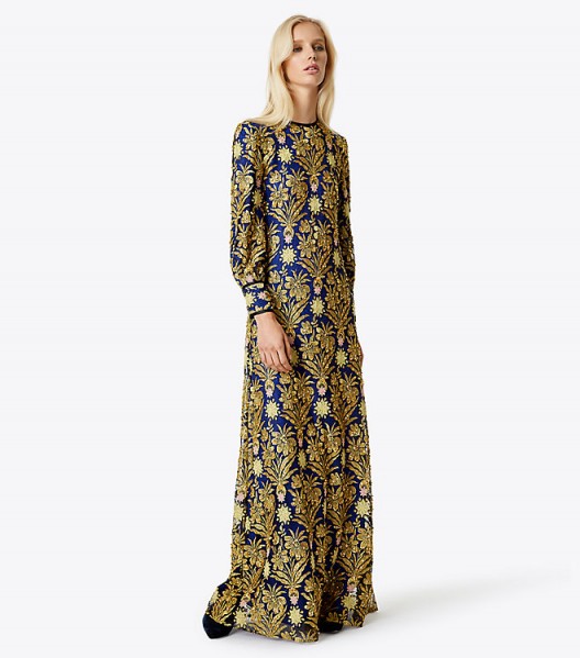 TORY BURCH ALICE DRESS ~ long luxe embroidered dresses ~ gold metallic embroidery