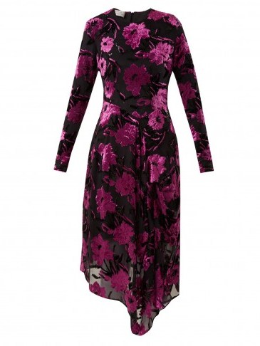 PREEN BY THORNTON BREGAZZI Alyssa floral-devoré midi dress ~ black and purple burnout asymmetric dresses ~ metallics - flipped