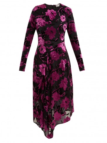PREEN BY THORNTON BREGAZZI Alyssa floral-devoré midi dress ~ black and purple burnout asymmetric dresses ~ metallics