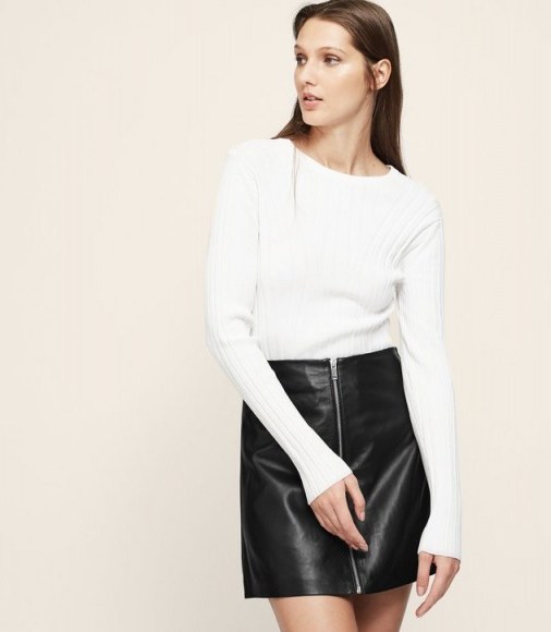 REISS ANNABELLE ZIP-DETAIL LEATHER SKIRT BLACK ~ wardrobe style essential ~ a-line skirts - flipped