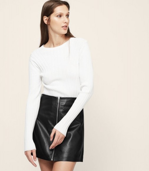 REISS ANNABELLE ZIP-DETAIL LEATHER SKIRT BLACK ~ wardrobe style essential ~ a-line skirts