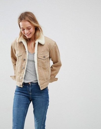 ASOS Cord Jacket With Borg Collar in Stone – neutral tone corduroy jackets - flipped
