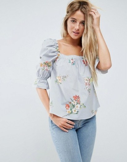 ASOS Cotton Puff Sleeve Top In Stripe Floral | pretty gathered sleeved pale blue tops - flipped