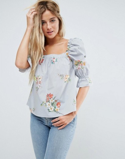 ASOS Cotton Puff Sleeve Top In Stripe Floral | pretty gathered sleeved pale blue tops