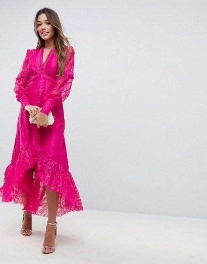 ASOS Deconstructed Lace Midi Dress with Frill Insert | hot pink party dresses - flipped