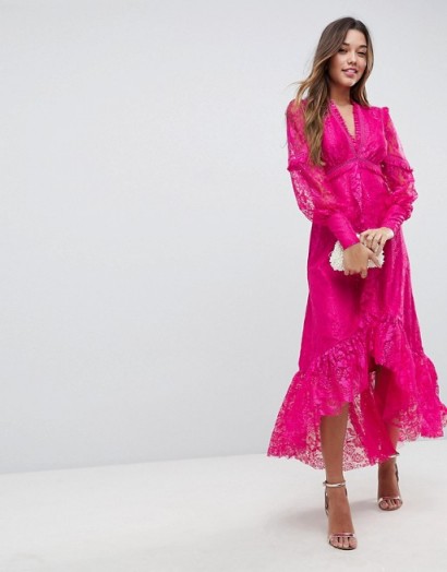 ASOS Deconstructed Lace Midi Dress with Frill Insert | hot pink party dresses