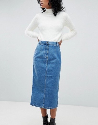 ASOS Denim Midi Skirt in Midwash Blue | pencil skirts - flipped