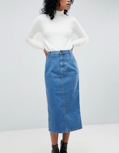 ASOS Denim Midi Skirt in Midwash Blue | pencil skirts