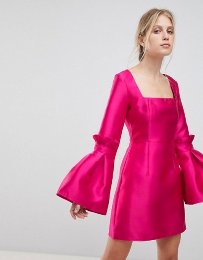 ASOS Extreme Sleeve Mini Dress with Square Neck | hot pink bell sleeved party dresses - flipped