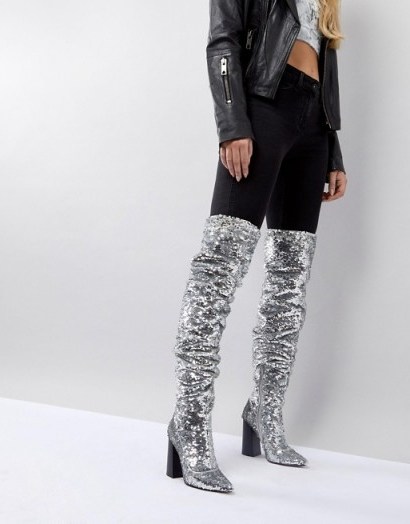 ASOS KILLER BEE Sequin Over The Knee Boots ~ sparkly silver sequins - flipped